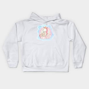 Cute pink baby unicorn with her favourite bunny toy sitting on a fluffy pink cloud Kids Hoodie